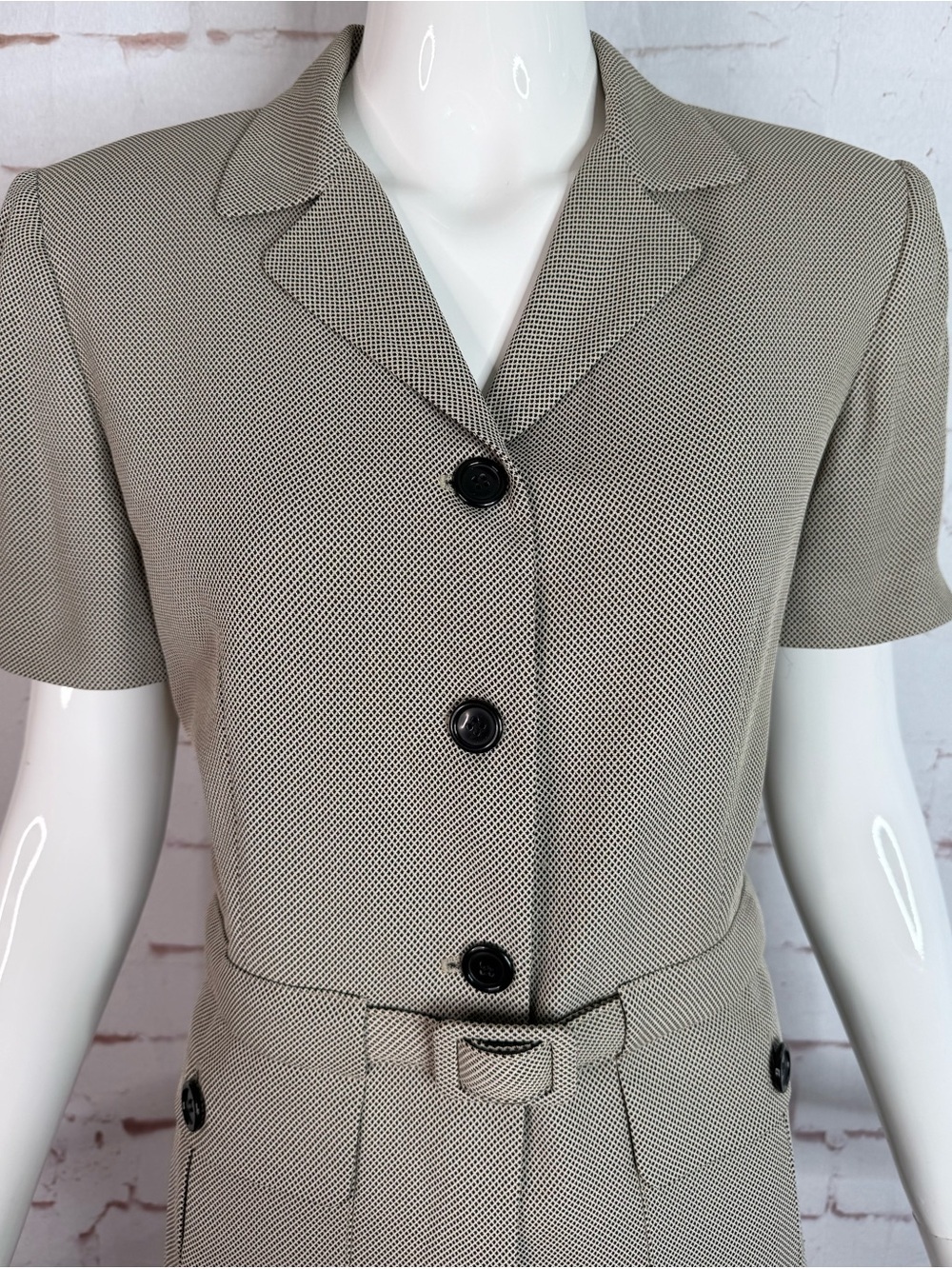 80s VTG ANN TAYLOR Petite 2 Piece Black & Tan Belted Jacket Pencil Skirt Suit 8P - Picture 5 of 15